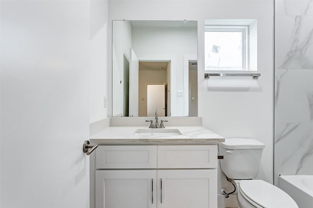 bathroom featuring vanity, a bathing tub, and toilet