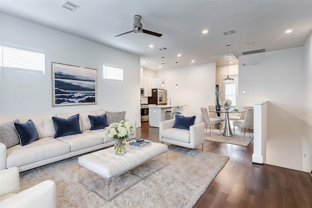 living room with ceiling fan, dark hardwood / wood-style floors, and sink