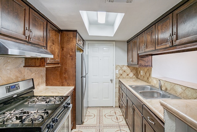 kitchen with a skylight, appliances with stainless steel finishes, sink, and dark brown cabinetry