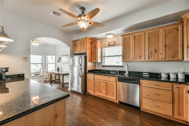 kitchen with appliances with stainless steel finishes, ceiling fan, dark wood-type flooring, plenty of natural light, and sink