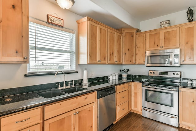 kitchen featuring stainless steel appliances, dark stone countertops, dark hardwood / wood-style floors, and sink