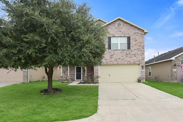 view of front of home with a front lawn and a garage