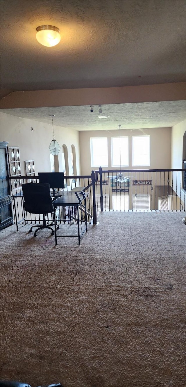 corridor featuring a textured ceiling, a wealth of natural light, and carpet floors