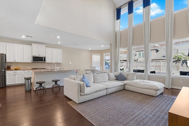 living room featuring a high ceiling and dark hardwood / wood-style flooring