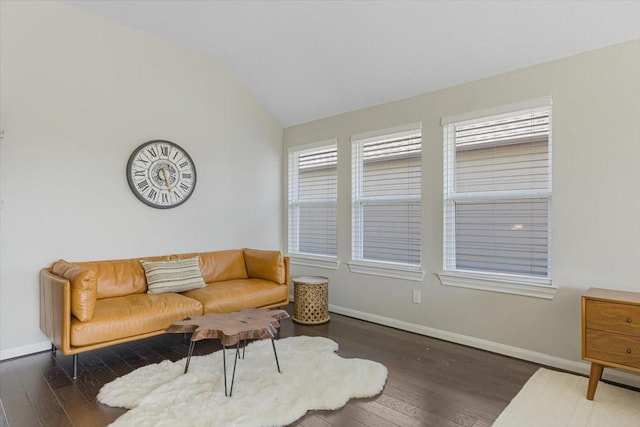 living room with dark wood-type flooring and vaulted ceiling