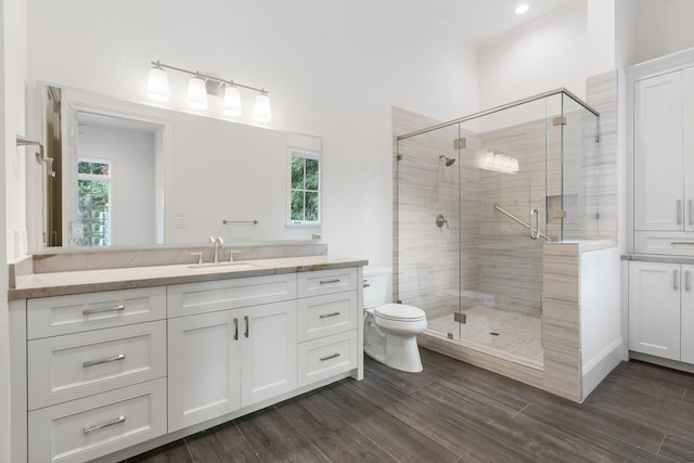 bathroom featuring a healthy amount of sunlight, walk in shower, vanity, and toilet