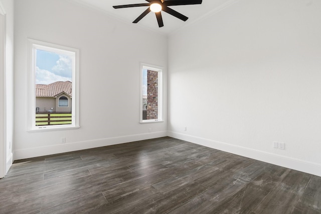 unfurnished room with ceiling fan, dark hardwood / wood-style flooring, crown molding, and plenty of natural light