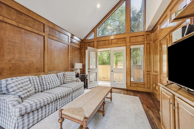 living room with high vaulted ceiling and dark hardwood / wood-style floors