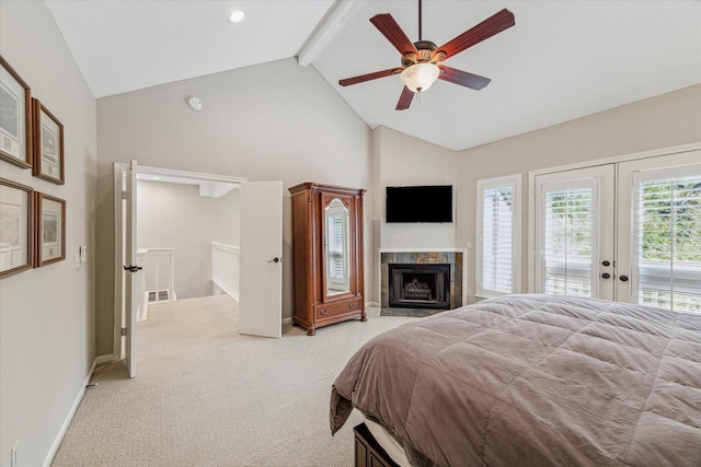 bedroom featuring french doors, access to exterior, light carpet, ceiling fan, and beam ceiling