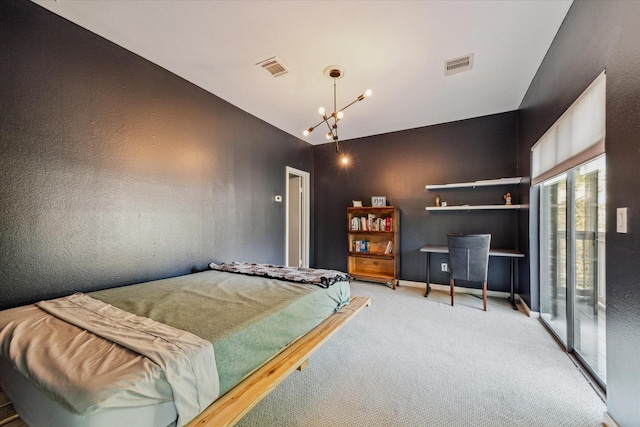 bedroom with carpet floors, a notable chandelier, and access to exterior