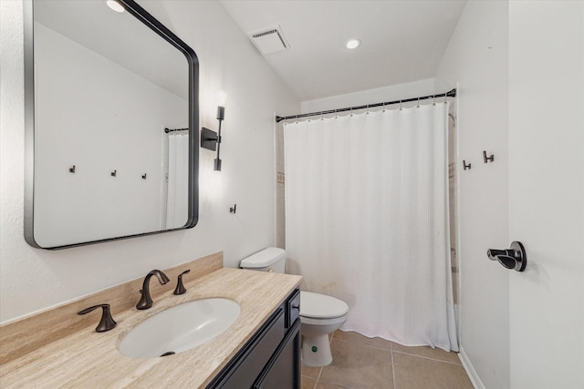 full bathroom with toilet, shower / bath combination with curtain, tile patterned floors, and vanity