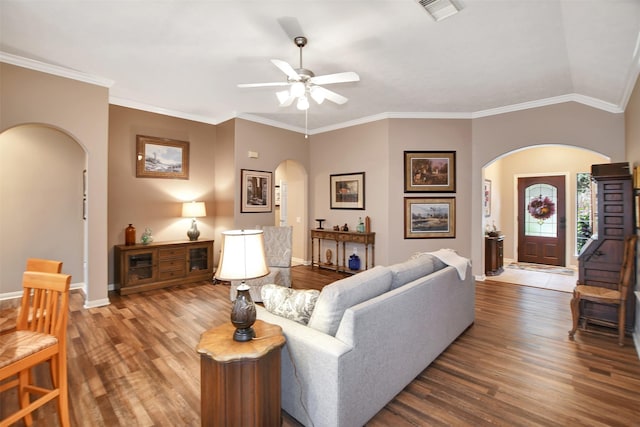 living room featuring lofted ceiling, hardwood / wood-style flooring, ceiling fan, and ornamental molding