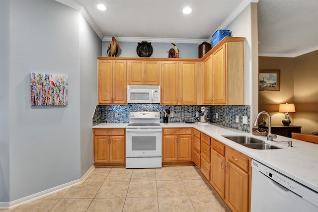 kitchen with sink, white appliances, light tile patterned flooring, and ornamental molding