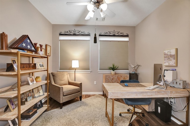 office featuring dark wood-type flooring and ceiling fan