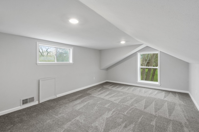 bonus room with vaulted ceiling, carpet, and plenty of natural light