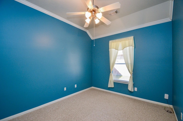 unfurnished room with ceiling fan, carpet, and crown molding