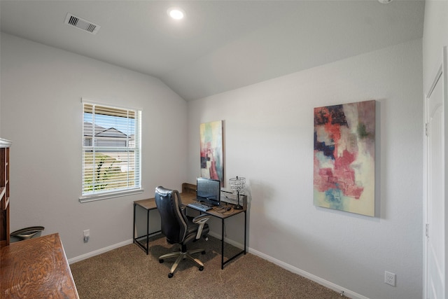 office space with lofted ceiling and carpet