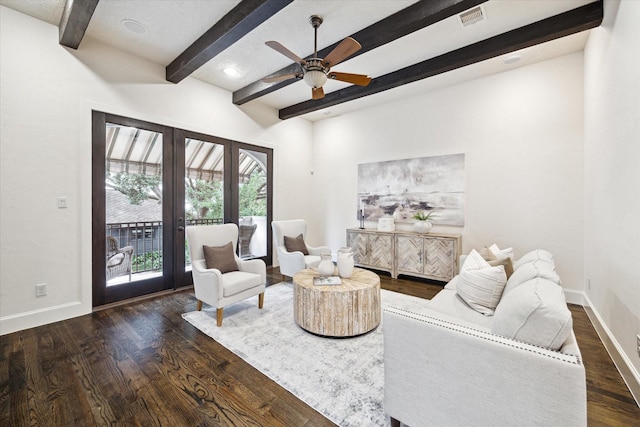 living room with french doors, dark wood-type flooring, ceiling fan, and beam ceiling