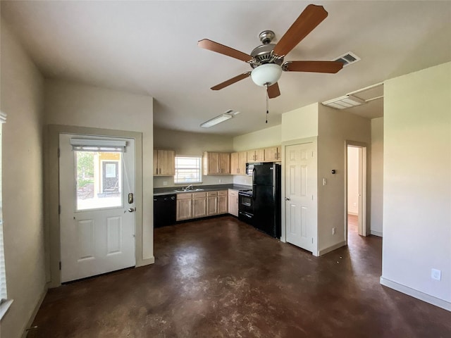 kitchen featuring black appliances, ceiling fan, and light brown cabinets