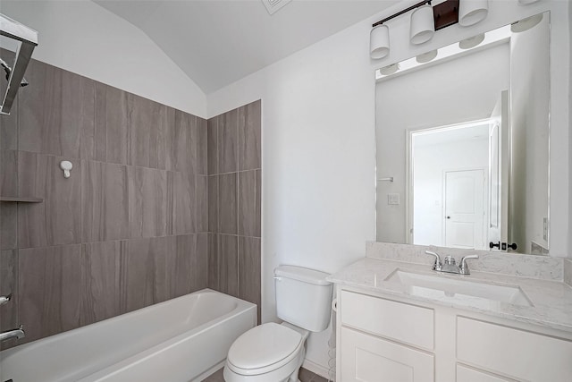 full bathroom with toilet, vanity, shower / bathing tub combination, and vaulted ceiling