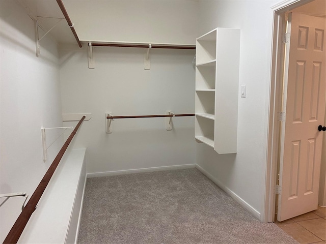 walk in closet featuring light colored carpet