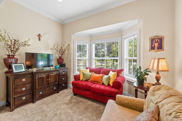 living room featuring light colored carpet and ornamental molding