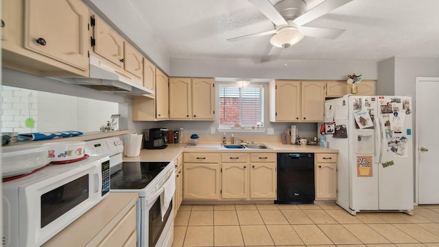 kitchen with white appliances, a textured ceiling, sink, light tile patterned flooring, and ceiling fan