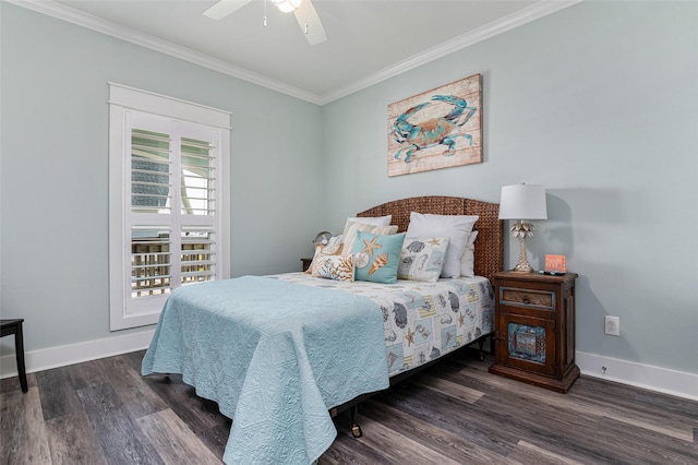 bedroom with ceiling fan, dark wood-type flooring, and crown molding