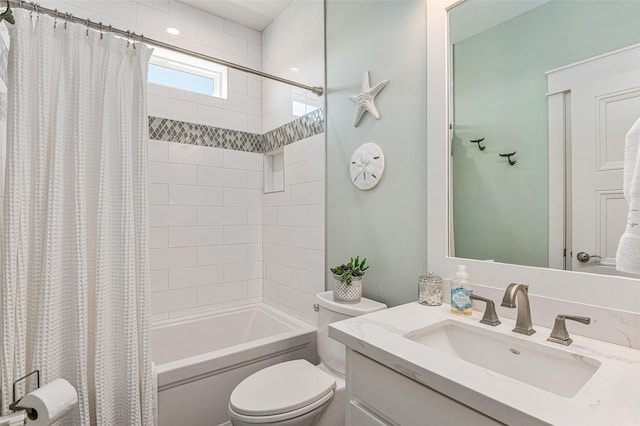 full bathroom with shower / bathtub combination with curtain, vanity, and toilet