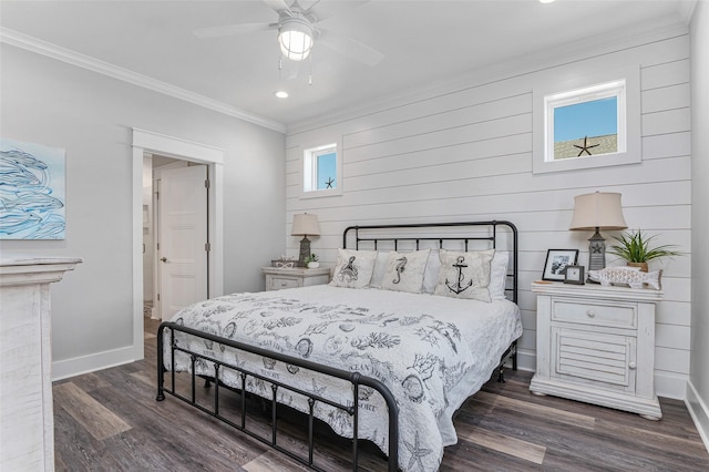 bedroom featuring multiple windows, ceiling fan, ornamental molding, and dark wood-type flooring