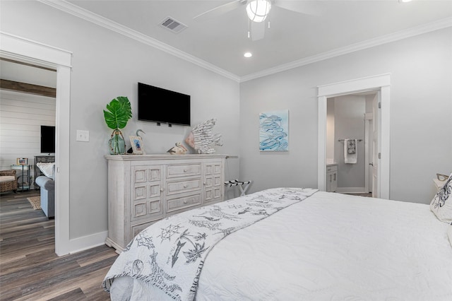 bedroom with ceiling fan, dark hardwood / wood-style flooring, ornamental molding, and ensuite bath