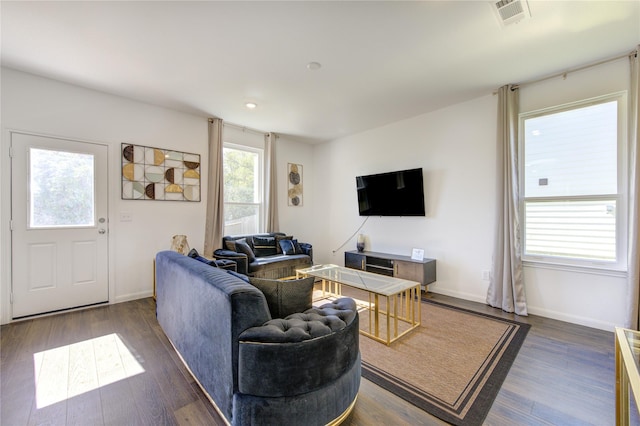 living room with dark wood-type flooring