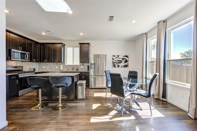 kitchen featuring stainless steel appliances, dark wood-type flooring, a kitchen bar, a kitchen island, and backsplash