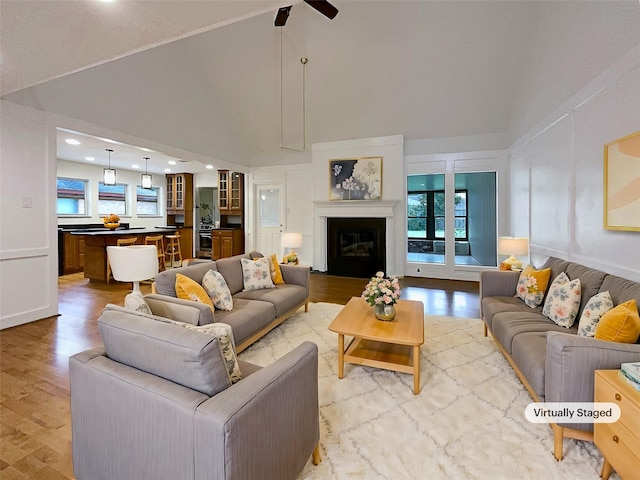 living room featuring high vaulted ceiling and hardwood / wood-style flooring