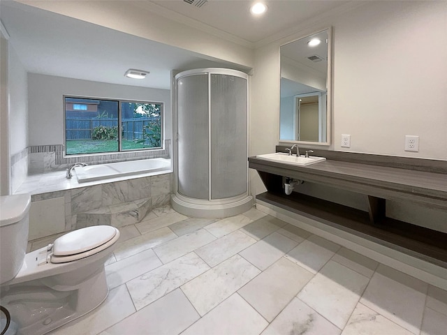 full bathroom with sink, ornamental molding, plus walk in shower, and toilet