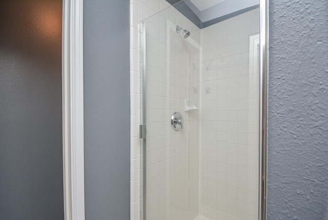 bathroom featuring a shower with shower door