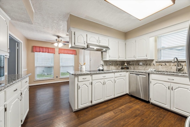 kitchen featuring light stone countertops, white cabinetry, stainless steel dishwasher, and kitchen peninsula