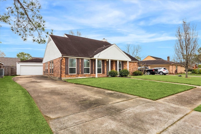 view of front of house with central AC unit and a front lawn