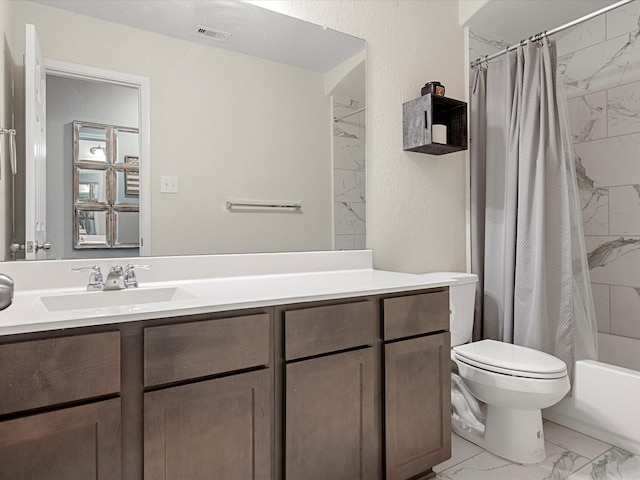 bathroom featuring toilet, vanity, visible vents, marble finish floor, and shower / bathtub combination with curtain