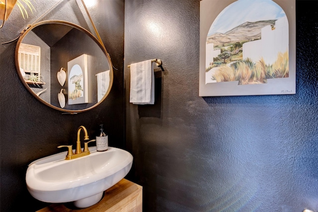 bathroom with a textured wall and a sink