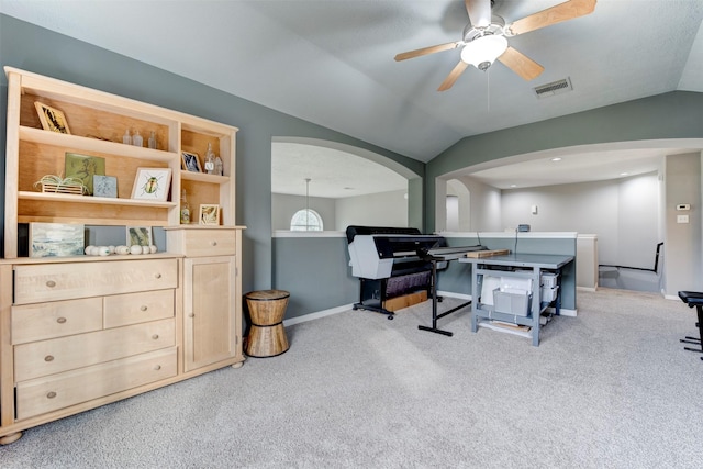 game room featuring ceiling fan, light carpet, and vaulted ceiling