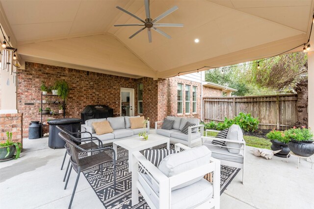 view of patio / terrace with a grill, ceiling fan, and outdoor lounge area