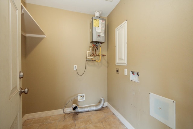 washroom with tankless water heater, light tile patterned floors, hookup for an electric dryer, and washer hookup