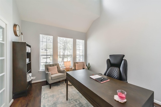 office space featuring lofted ceiling and dark hardwood / wood-style floors