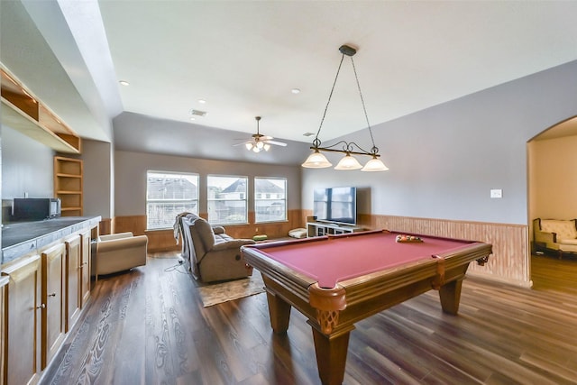 rec room with lofted ceiling, dark wood-type flooring, ceiling fan, and billiards