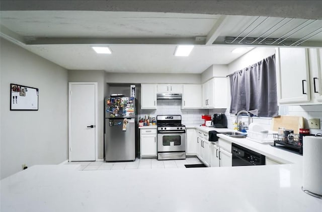 kitchen featuring white cabinets, appliances with stainless steel finishes, decorative backsplash, and sink