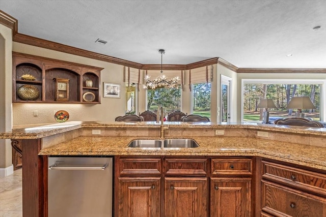 kitchen featuring sink, a notable chandelier, ornamental molding, and stainless steel dishwasher