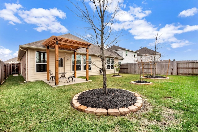 rear view of house featuring a patio, a pergola, and a lawn