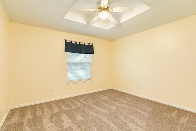 spare room with ceiling fan, carpet, and a raised ceiling