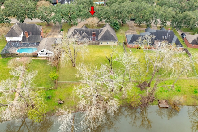 drone / aerial view featuring a water view